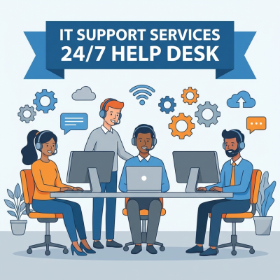 IT Support Services 24/7 Help Desk with a diverse team of professionals in headsets.