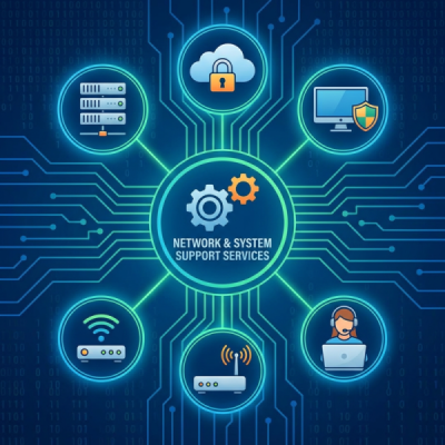NETWORK & SYSTEM SUPPORT SERVICES diagram showing cloud security, servers, and tech support.